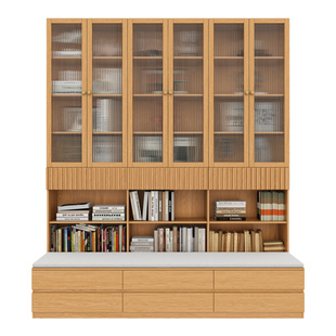 政补定制实木卡座书柜一体靠墙小户型橡木色收纳储物整墙落地书架