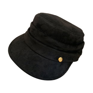 复古黑色麂皮绒马术帽女大头围显脸小时髦洋气平顶鸭舌帽贝雷帽子