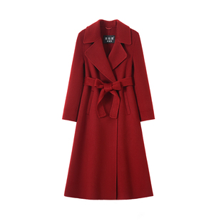 安可拉红双面羊绒大衣女长款2025新款修身收腰赫本风毛呢外套