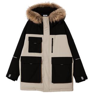 杰克琼斯outlets三防工装中长款拼色宽松连帽羽绒服外套年男装