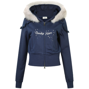 GUUKAHERO宝蓝色短款毛领卫衣女新款 千禧辣妹小个子上衣收腰外套