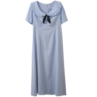 学院娃娃领月光裙胖莹莹大码女装甜美蝴蝶结夏季肌理感收腰连衣裙