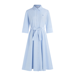 Navigare意大利小帆船春夏季新款通勤衬衫领五分袖系带收腰连衣裙