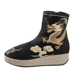 秋冬老北京中国龙鹿皮绒短靴民族风绣花加绒保暖刺绣金貂绒女鞋子