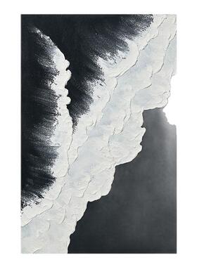手绘油画黑白海浪抽象肌理画