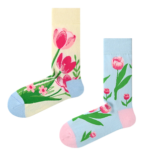 AB款袜子女春秋中筒不对称外穿潮网红款可爱卡通高筒袜郁金香长袜