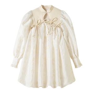 DIDDI MODA V领抽皱泡泡袖连衣裙