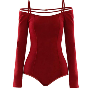 美辰[酒红暮光]练功服新款拉丁舞蹈服日常一字肩长袖连体衣成人女