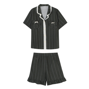 馨帮帮Homedress 甜美蕾丝边碎花家居服女夏薄款开衫短袖睡衣套装