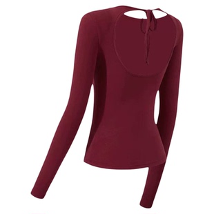 健身衣新年红露背瑜伽服含胸垫显瘦气质普拉提上衣跑步运动长袖