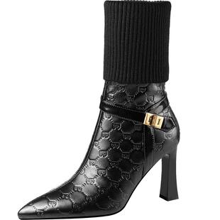 气质高级感中筒靴粗跟秋冬新款牛皮靴子女尖头不过膝显瘦长靴高跟