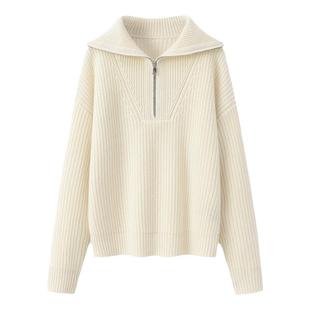 100山羊绒元宝针女套衫大翻领加厚白色针织短款宽松休闲减龄毛衣