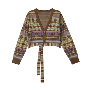 MSLAN秋冬圣诞费尔岛风针织衫蓝紫拼接撞色开衫MFCE2201