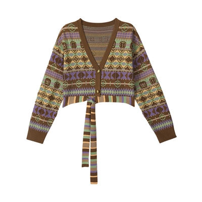 MSLAN秋冬圣诞费尔岛风针织衫蓝紫拼接撞色开衫MFCE2201