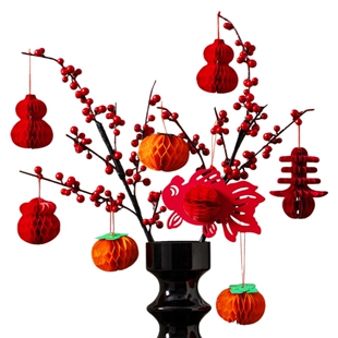 迷你小灯笼红色盆景栽绿植卡片树上挂饰植绒庭院子结婚乔迁26新年
