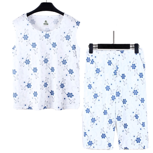 AB纯棉无袖奶奶装夏装全棉老年家居套装女士半袖背心睡衣汗衫女夏