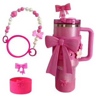 适用Stanley保温杯挂绳火龙果色蝴蝶结杯套吸管帽水杯手提绳杯饰