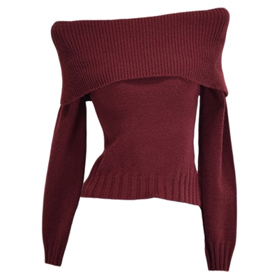 法式一字领露肩针织衫女