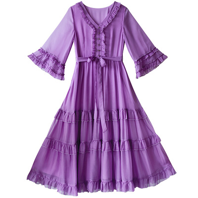 紫色连衣长裙女夏季荷叶袖