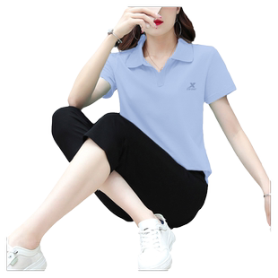 特步POLO衫运动套装女夏季新款女装官方正品短袖透气休闲七分裤女