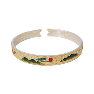 足银999.9山盟海誓描金蝴蝶手镯新中式珐琅彩千里江山国风银手环