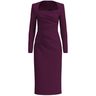 职场时髦精黑色紫色高弹力方领掐褶子设计感通勤职场铅笔裙