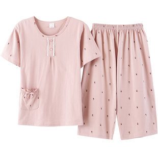 短袖中裤中老年人夏天纯棉睡衣宽松加大码女士薄款中年妈妈家居服