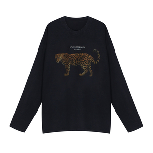 周里物出品「豹行无界」海军蓝T恤女2025秋季新款豹子印花长袖