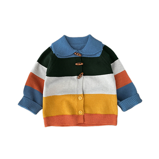 翻领针织开衫幸运彩虹可爱活泼条纹纽扣装饰休闲上衣男宝女宝毛衣