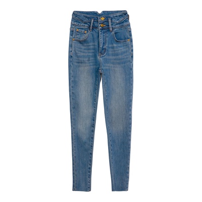 轻暖薄绒两粒扣高腰小脚牛仔裤女冬加绒保暖蓝色修身显瘦九分靴裤