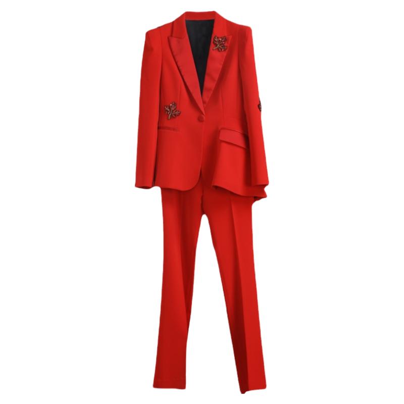 玟瑄红色西装礼服醋酸西服套装女2025独立设计师主持人服装可订制