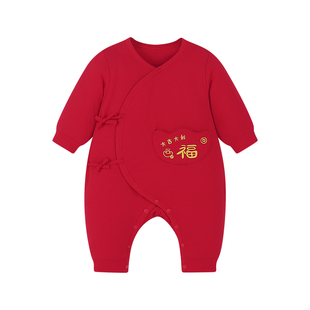 Simbee婴儿连体衣红色福字新生儿满月拜年棉服夹棉保暖宝宝哈衣