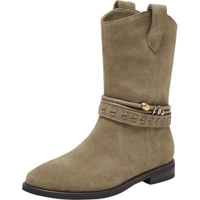 百思图2025冬商场新款真皮西部牛仔靴尖头粗跟女堆堆短靴E5651DZ5