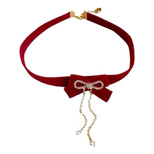 圣诞红色项链丝绒蝴蝶结颈链choker颈带轻奢小众锁骨链脖子配饰女