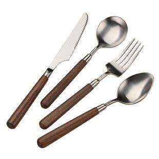 胡桃木餐具套装勺子叉子家用不锈钢西餐木柄叉子牛排刀叉勺四件套