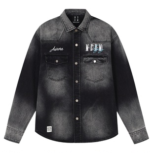 MEDM 经典基础字母刺绣休闲翻领水洗牛仔夹克潮流复古帅气外套男