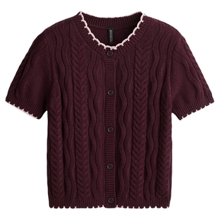 HM女装毛针织衫冬季红色毛衣绞花针织miu系开衫1297861