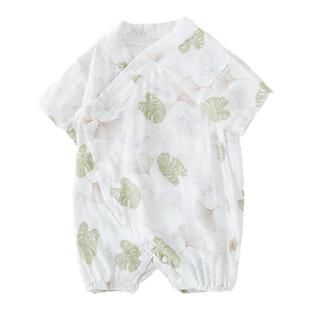 婴儿天竹纱布竹棉短袖连体衣夏季新生儿系带宝宝爬服包屁衣哈衣
