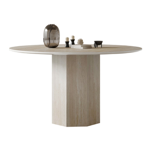 吉诺威 侘寂风小户型圆桌设计师高端桌子大理石圆形洞石岩板餐桌