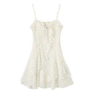 织物猪 月光缪斯 夏日度假风白色波点吊带连衣裙女收腰蛋糕短裙子