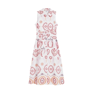 Desigual橘红图案绣花面料腰带设计长款衬衫无袖连衣裙