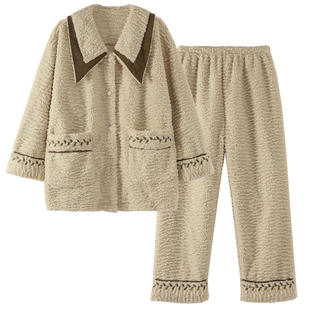 秋冬新款珊瑚绒睡衣女士加绒加厚家居服可外穿冬季休闲简约两件套