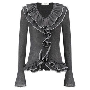 SHRO ENRO2025秋季新款修身重工烫钻法式荷叶边套头V领长袖上衣女