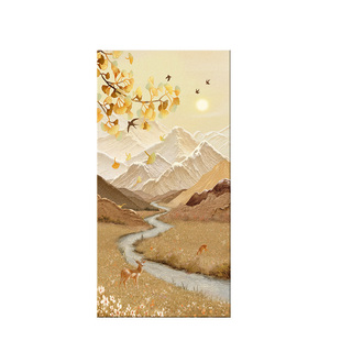 日照金山正对门入户画奶油风源远流长山水画东墙聚财福鹿玄关挂画