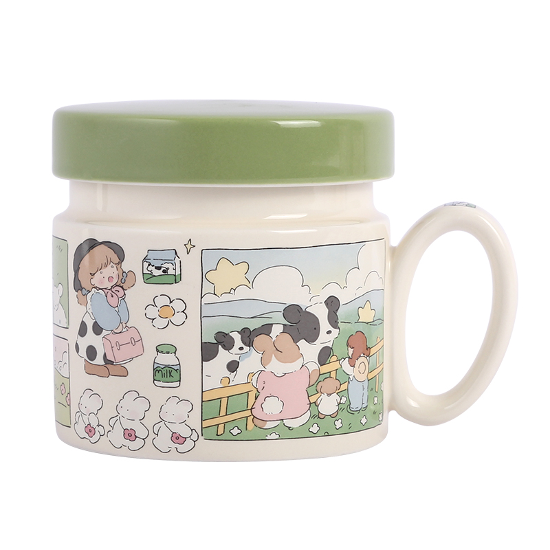 蓝莲花水杯马克杯陶瓷杯带盖茶水分离茶杯食品级高颜值办公室杯子