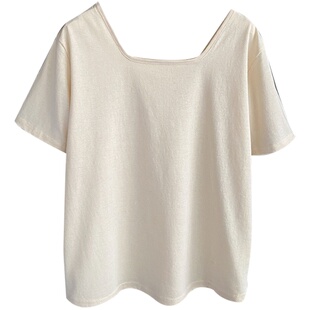 方领短袖t恤女春夏2026新款正肩亚麻白色大码胖mm显瘦棉麻小上衣