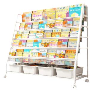 儿童阅读书架玩具绘本分类二合一收纳架多层铁艺可移动滑轮置物架