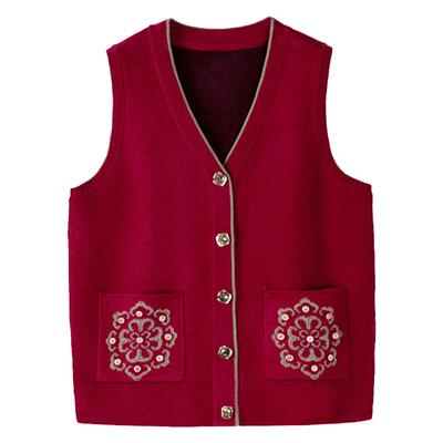 汐单绣花针织大码宽松开衫马甲