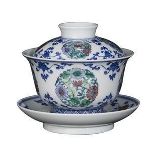 钟家窑盖碗景德镇青花斗彩柴窑泡茶三才盖碗全手工茶具大号团菊纹