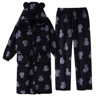 睡衣女冬季珊瑚绒加厚加绒睡袍秋冬法兰绒长款浴袍家居服两件套装